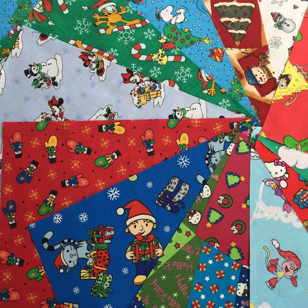 Twelve Assorted 12" Square Christmas Print Juvenile Fabrics
