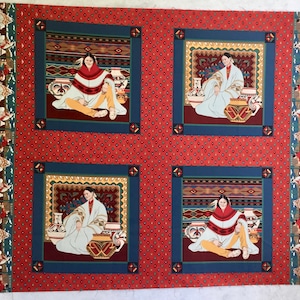 May include: Red fabric with a repeating pattern of four squares. Each square features a woman in a white and red dress sitting on a patterned rug with pottery. The background is a red fabric with a white diamond pattern.