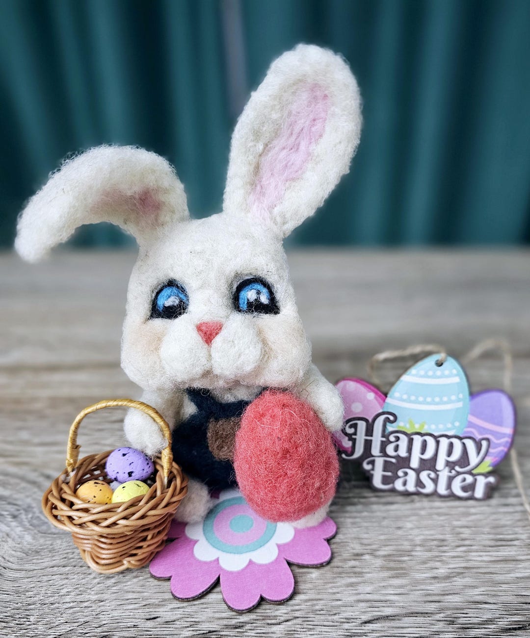 Handmade Felted Easter Bunny With Basket – Cute Wool Decor & Gift (16cm ...