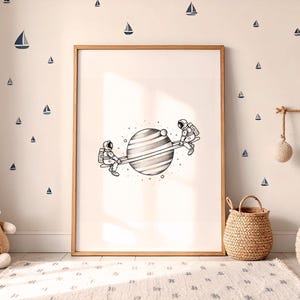 Astronaut Planet Wall Art – Minimalist Space Print with Saturn Rings | Sci-Fi Digital Download, Outer Space Decor, Cosmic Poster