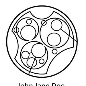 May include: A black and white line drawing of a circular symbol with multiple concentric circles and curved lines. The text "John Jane Doe" is written below the symbol.