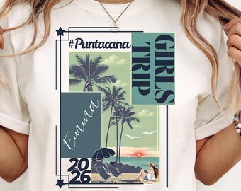 2026 Girls Trip Shirt: Personalized Name Destination Tropical Vacation Tee Modern Travel Poster Style Beach Shirt Friends Getaway Tee