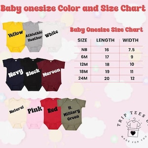 K&ouml;nnte beinhalten: Eine Tabelle mit Farben und Gr&ouml;&szlig;en f&uuml;r Baby-Bodys. Farben sind Gelb, Athletic Heather, Wei&szlig;, Marineblau, Schwarz, Burgunderrot, Natur, Rosa, Rot und Milit&auml;rgr&uuml;n. Die Gr&ouml;&szlig;entabelle listet Gr&ouml;&szlig;en von NB bis 24M auf.