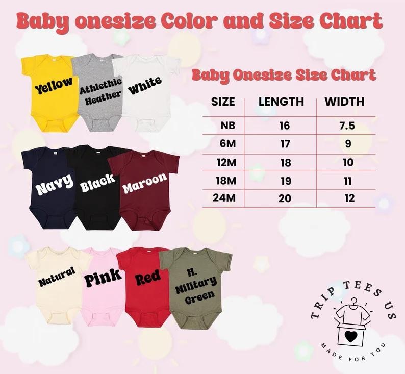 K&ouml;nnte beinhalten: Eine Tabelle mit Farben und Gr&ouml;&szlig;en f&uuml;r Baby-Bodys. Farben sind Gelb, Athletic Heather, Wei&szlig;, Marineblau, Schwarz, Burgunderrot, Natur, Rosa, Rot und Milit&auml;rgr&uuml;n. Die Gr&ouml;&szlig;entabelle listet Gr&ouml;&szlig;en von NB bis 24M auf.