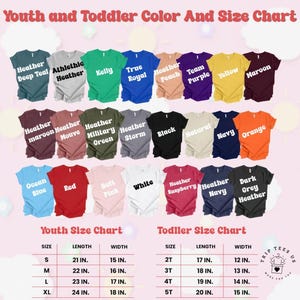 K&ouml;nnte beinhalten: Eine Farbkarte f&uuml;r T-Shirts f&uuml;r Jugendliche und Kleinkinder mit verschiedenen Farben wie Heather Deep Teal, Rot und Wei&szlig;. Die Karte enth&auml;lt Gr&ouml;&szlig;en- und Ma&szlig;angaben in Zoll f&uuml;r Jugend- und Kleinkindergr&ouml;&szlig;en. Der Text "Youth and Toddler Color And Size Chart" steht oben.