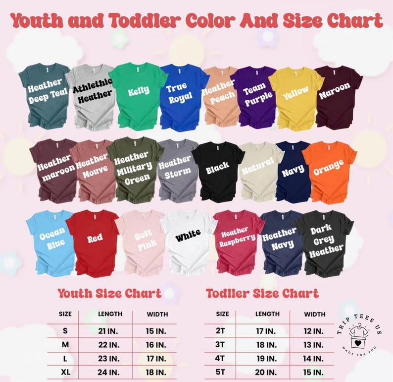 K&ouml;nnte beinhalten: Eine Farbkarte f&uuml;r T-Shirts f&uuml;r Jugendliche und Kleinkinder mit verschiedenen Farben wie Heather Deep Teal, Rot und Wei&szlig;. Die Karte enth&auml;lt Gr&ouml;&szlig;en- und Ma&szlig;angaben in Zoll f&uuml;r Jugend- und Kleinkindergr&ouml;&szlig;en. Der Text "Youth and Toddler Color And Size Chart" steht oben.