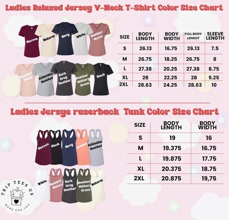 K&ouml;nnte beinhalten: Farb- und Gr&ouml;&szlig;entabelle f&uuml;r Damen-T-Shirts mit Relaxed Jersey V-Ausschnitt und Racerback-Tops. Die Tabelle zeigt verschiedene Farben, darunter Burgunderrot, Marineblau und Schwarz, mit Ma&szlig;en in cm f&uuml;r K&ouml;rperl&auml;nge, -breite und &Auml;rmell&auml;nge.