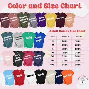 K&ouml;nnte beinhalten: Eine Farb- und Gr&ouml;&szlig;entabelle f&uuml;r Unisex-T-Shirts f&uuml;r Erwachsene. Die Tabelle zeigt verschiedene T-Shirt-Farben, darunter Bordeaux, Gelb und Orange. Die Gr&ouml;&szlig;entabelle zeigt die Ma&szlig;e in cm f&uuml;r L&auml;nge und Breite.