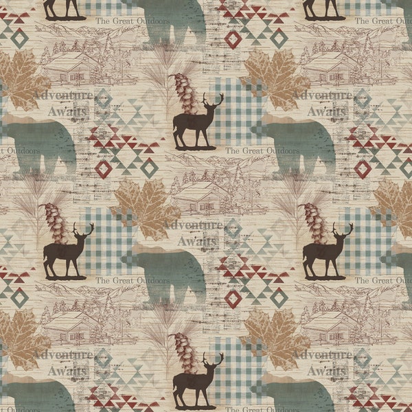 CLEARANCE - Price P/Yard Timeless Treasures Fabrics The Great Outdoors Cabin Adventure CD-1697 Animal Print Natural-Price P/Yard