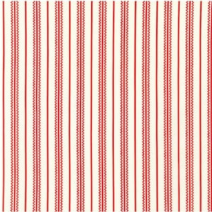 May include: Red and white striped fabric with a subtle zig-zag pattern. The fabric has a white background with thin red stripes and thicker red stripes with a zig-zag pattern.