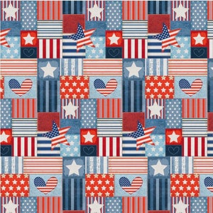 May include: A red, white, and blue patchwork pattern with stars and hearts. The pattern is repeated throughout the image.