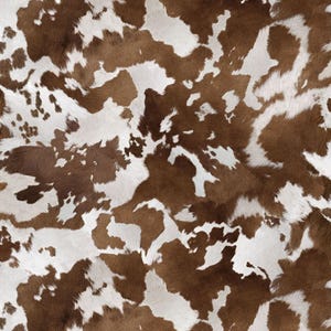 May include: A close-up of a cowhide pattern. The pattern features irregular patches of brown and white, creating a natural, textured appearance. The hide has a soft, furry texture.