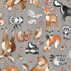 Woodland Adventures Mid-Gray Multi by Deborah Edwards for Northcott 25264-94 Skunks Rabbit Owl Squirrel Raccoon Deer-Price for 1/2 yard