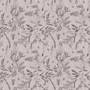 May include: A seamless pattern featuring a light gray background with a repeating design of black and white stylized deer heads, geometric shapes, and floral elements.