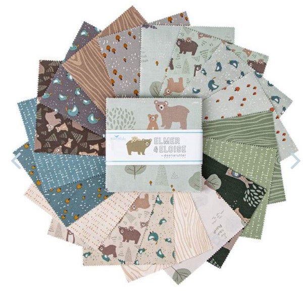 Charm Pack ELMER and ELOISE 5-14210-42 by Dena Rutter for Riley Blake Designs, Bear, Rabbits, Racoons, Trees-Woodlands Fabric