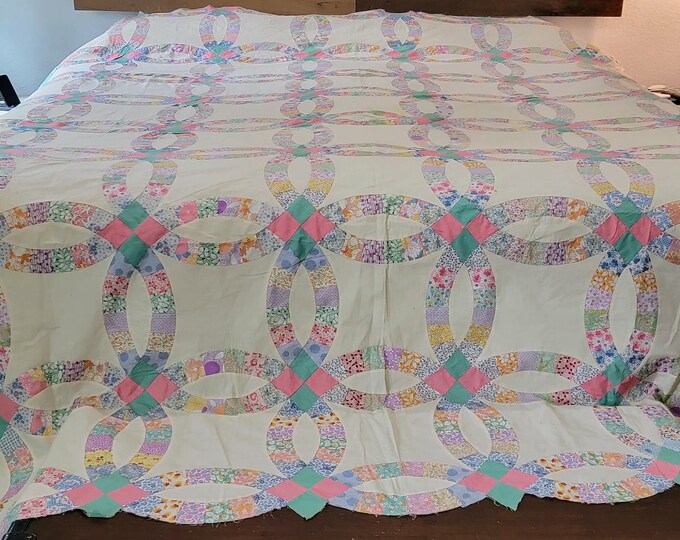 Vintage Double Wedding Ring Quilt Topapprox. 92.5 X 104 queen/king