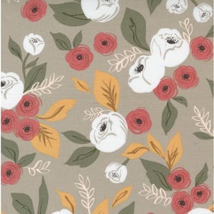 May include: Floral fabric with a repeating pattern of white and red roses, yellow and green leaves, and delicate white sprigs on a neutral background. The design is reminiscent of a vintage botanical print.