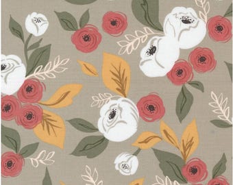 CLEARANCE-Flower Pot Taupe 5160 14 by Lella Boutique for Moda #1 - Cabbage Roses on Taupe - Fall Fabric - Boho Fabric-Price per Yard