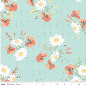 May include: A seamless fabric pattern featuring a repeating design of white daisies, coral-colored flowers, and small yellow flowers with bees on a light blue background.