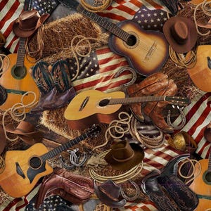 May include: A collage of Americana elements including guitars, cowboy boots, hats, rope, and horseshoes. The background features the American flag and hay. The color palette is dominated by browns, reds, and blues, evoking a rustic, country theme.