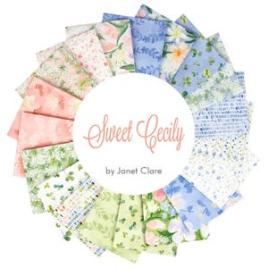 May include: A collection of fabric squares arranged in a circular pattern. The fabrics feature floral and botanical designs in shades of pink, blue, green, and white. The text "Sweet Cecily by Janet Clare" is in the center.