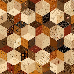 May include: A geometric pattern featuring a repeating 3D cube design. Each cube face displays a different fabric pattern in shades of brown, beige, and rust. The fabrics include floral, paisley, and geometric designs, creating a patchwork effect.