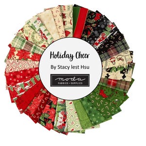 May include: A circular arrangement of Christmas-themed fabric swatches in red, green, cream, and black. The fabrics feature holiday patterns like poinsettias, snowflakes, and candy canes. The text "Holiday Cheer" is displayed in the center.