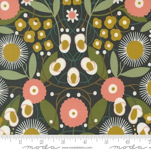 May include: A black fabric with a repeating pattern of white, pink, and yellow flowers. The flowers are stylized and have a geometric design. The fabric is perfect for quilting, sewing, and crafting.
