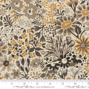 May include: Floral fabric with a cream background and a repeating pattern of flowers in shades of brown, gray, and gold. The fabric features various flower sizes and leaf designs, creating a vintage aesthetic. The fabric is suitable for quilting and sewing projects.