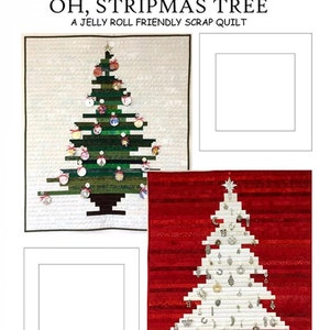 Puede incluir: Un patrón de edredón con dos diseños de árboles de Navidad. Un árbol es verde con adornos, el otro es blanco sobre un fondo rojo. El texto "OH, STRIPMAS TREE" se muestra encima de las imágenes. Instrucciones incluidas para edredones de 94cm x 114cm.