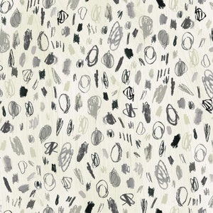 May include: A seamless pattern with a white background and various abstract shapes in black, gray, and beige. The shapes include circles, lines, and squiggles.