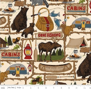 Pine Grove Main Putty C15930 by the RBD Designers -Hunting-Trees-Lake-Pine Cones-Camping-Fishing-Racoons-Bears-Elk-Deer-Price for 1/2 yard