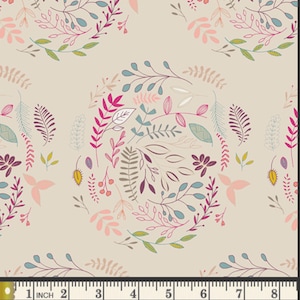 May include: Beige fabric with a repeating floral pattern. The design features stylized leaves and branches in shades of pink, green, blue, and purple. The pattern includes a 8-inch ruler at the bottom.