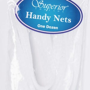 May include: A clear plastic bag containing a dozen white "Handy Nets" from Superior Threads. The product label is an oval shape with a blue background and white text.