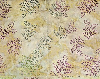 Batik Fabric-Tan Background with Green and Eggplant Leaves- Price 1 Yard