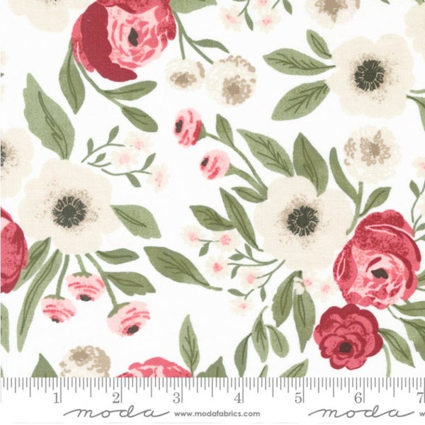 Lovestruck Cloud 5190 11 by Lella Boutique for Moda Fabric - Cabbage Roses - Boho Floral-White Background - Wild Roses-Price for 1/2 yard