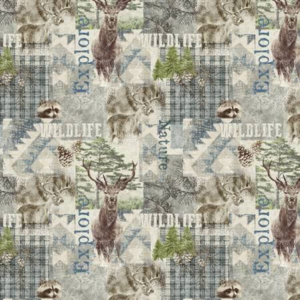 Michael Miller Natural Wonders Patt DCX10239 Deer Elk Racoon Pinecones Cabin Fabric-Price for 1/2 yard