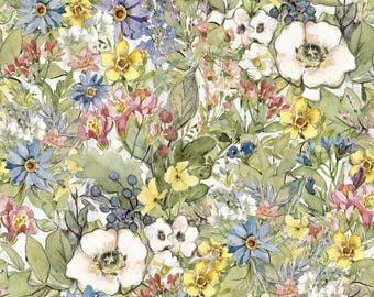 Packed Flowers Multi W105-022-032-White Owl Textiles-Nature's Serenade by Susan Winget Collection-Price Per yard