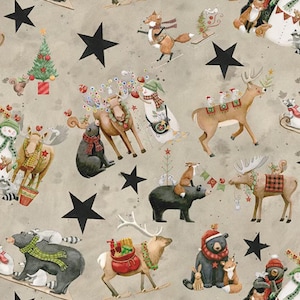 May include: A beige fabric featuring a repeating pattern of watercolor-style woodland animals including bears, moose, foxes, and snowmen. The animals are decorated with holiday accessories like scarves and lights, interspersed with solid black stars.