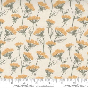 May include: Cream-colored fabric with a repeating floral pattern. The design features stylized yellow flowers with gray stems and leaves. The flowers are clustered, and the stems are vertical. The fabric has a textured appearance, and the bottom edge shows a ruler.