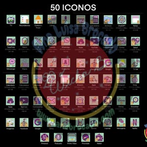 May include: A grid of 50 colorful icons representing popular apps and websites. The icons are arranged in a 10x5 grid with a black background. The icons are in a variety of colors and styles, and each icon is labeled with the name of the app or website it represents.