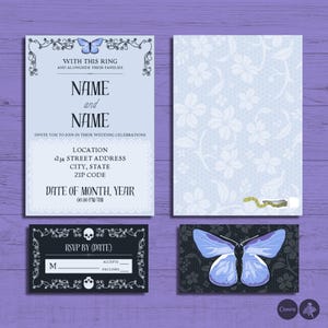 Modello di invito di nozze della sposa cadavere per biglietto RSVP Canva - Victor, Emily, farfalla, spettrale, scuro, 5x7 stampabile digitale personalizzabile