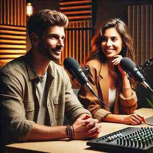 May include: Two people are sitting in front of microphones in a recording studio. The microphones are black and have a silver finish. The person on the left is wearing a brown shirt and the person on the right is wearing a brown jacket and a white shirt. There is a soundboard in front of them.