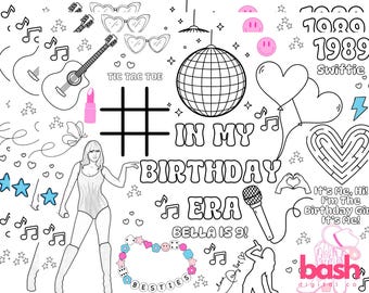 Página para colorear de la fiesta de Tay In My Era, hoja de actividades, cumpleaños de la época, diseño personalizado, imprimible