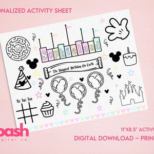 Disneyland Birthday Party Coloring Page, Activity Sheet, The Happiest Birthday Ever, Personalized Design, Printable