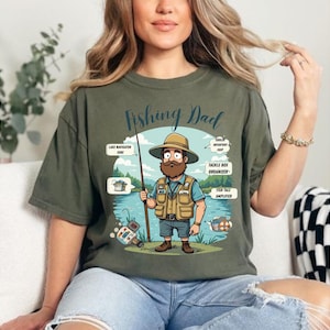 T-shirt papa pêcheur - Carte illustrée amusante pour papa du lac, cadeau de fête des pères pour les papas amateurs de plein air, chemise de rôles basée sur des icônes, t-shirt de fonctions papa personnalisé