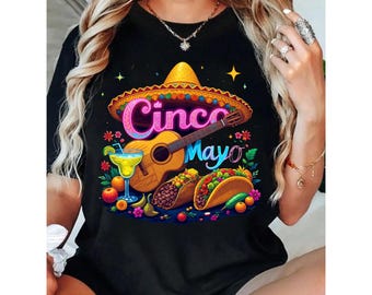 Camiseta Cinco de Mayo: Diseño festivo de sombrero, guitarra y tacos