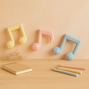 Modello di carta per lavoretti con note musicali 3D / Arte murale fai da te low poly in formato PDF / Decorazione musicale stampabile per la casa o lo studio