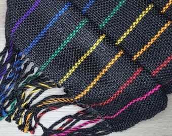 Black and Rainbow Stripe Handwoven Scarf * Loom Woven