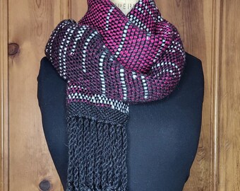 Black, Magenta, and White Gradient Handwoven Scarf * Loom Woven